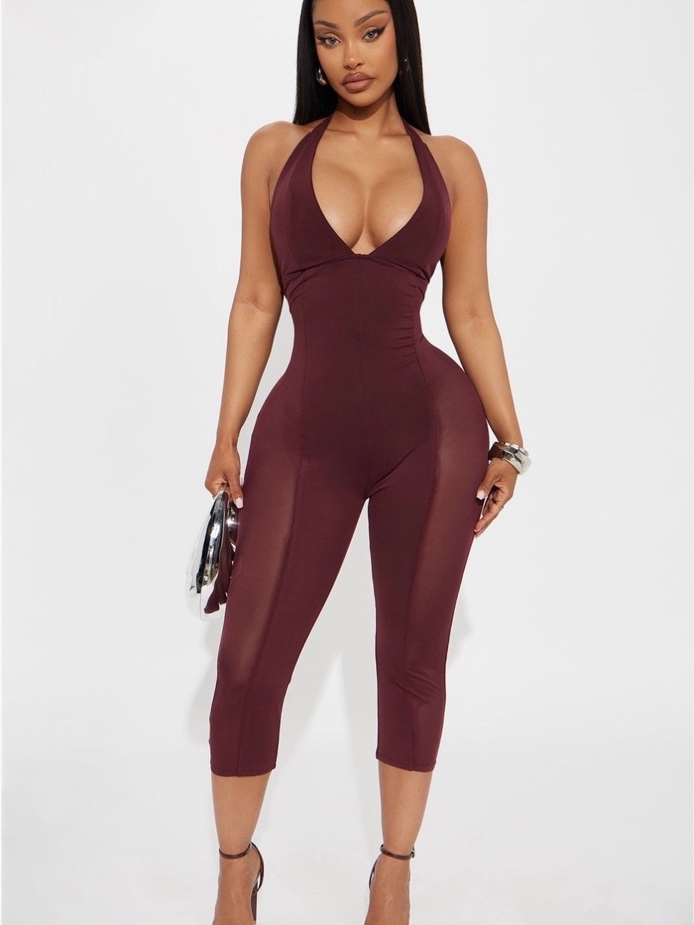Fashion Nova Deep V Halter Jumpsuit in Wine